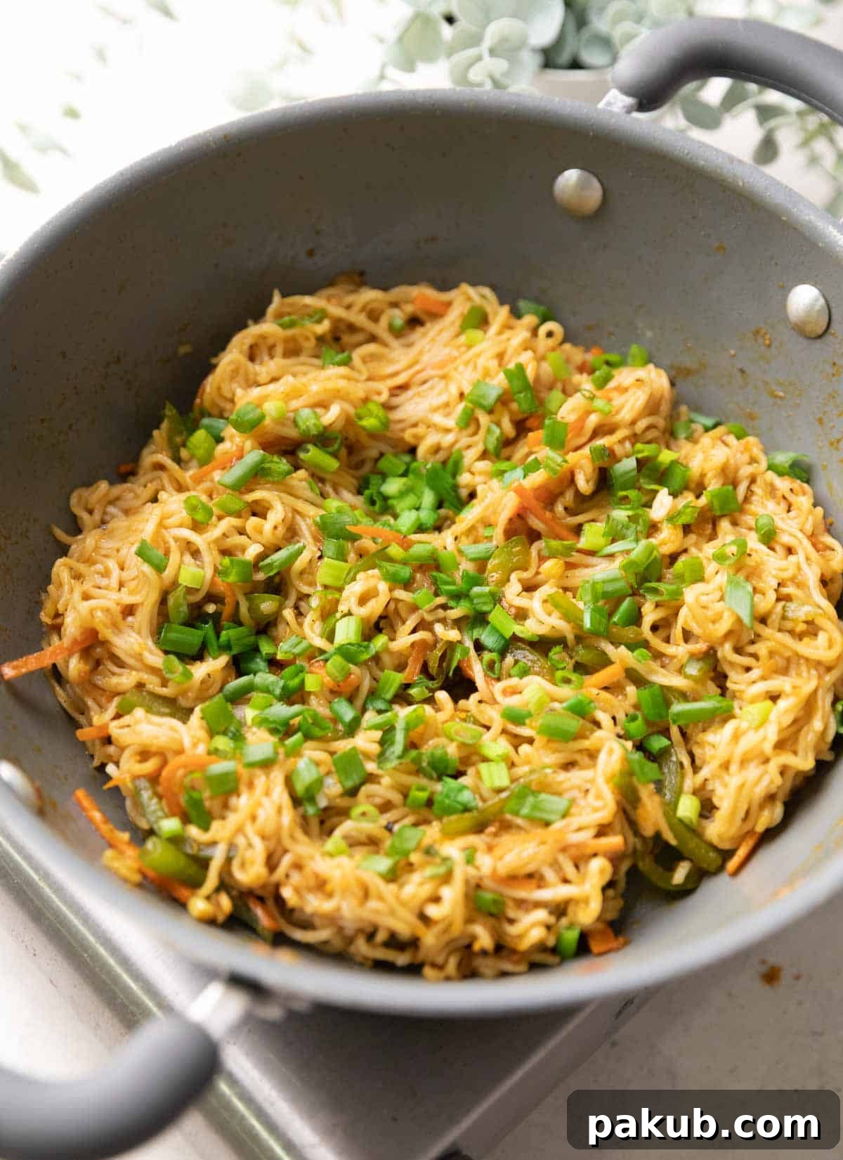 A shot of Chinese Maggi noodles in a grey pan, generously garnished with fresh green spring onions, ready to serve.