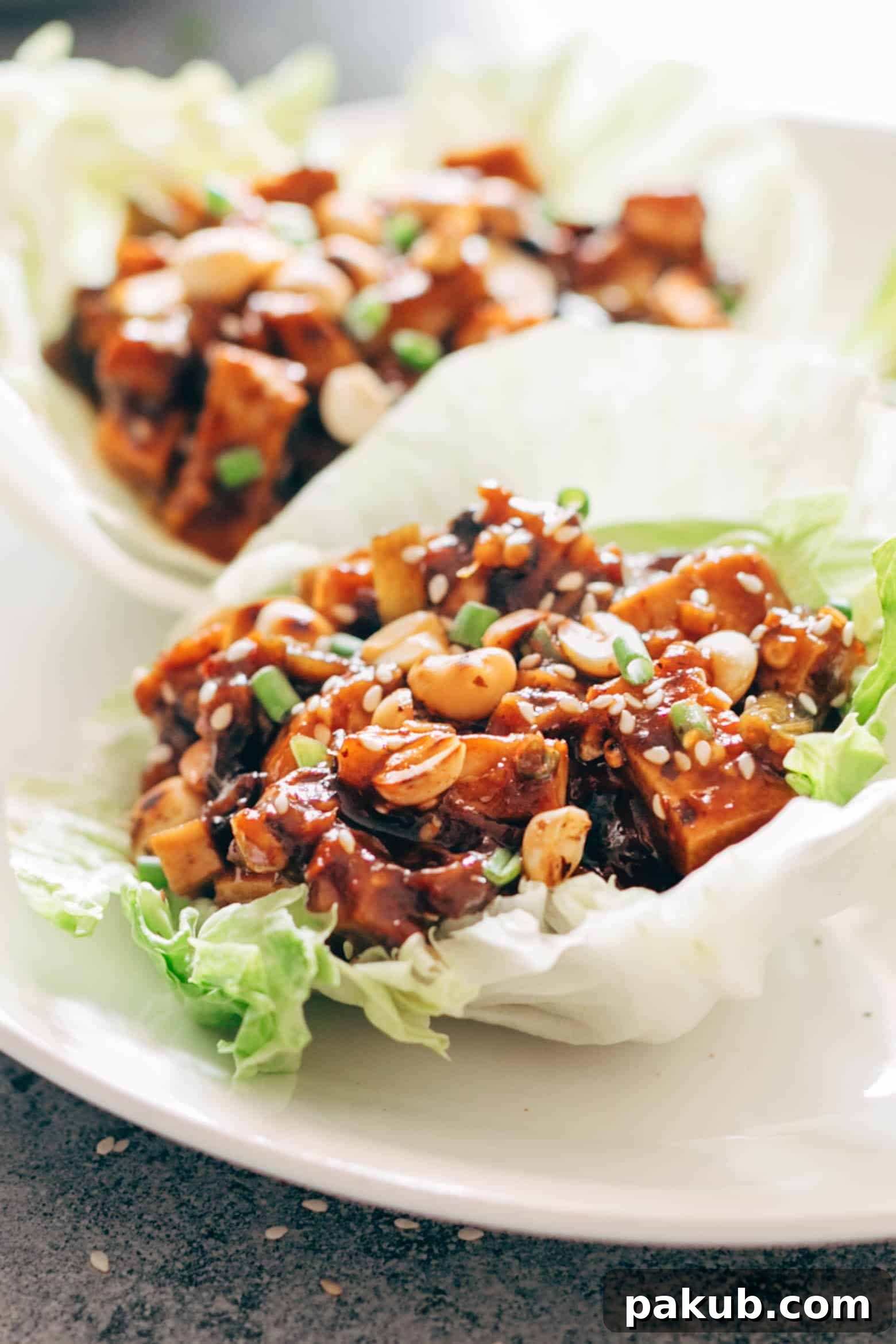 Vegetarian mapo tofu lettuce wraps artfully arranged, ready to be served as a delightful meal or appetizer.
