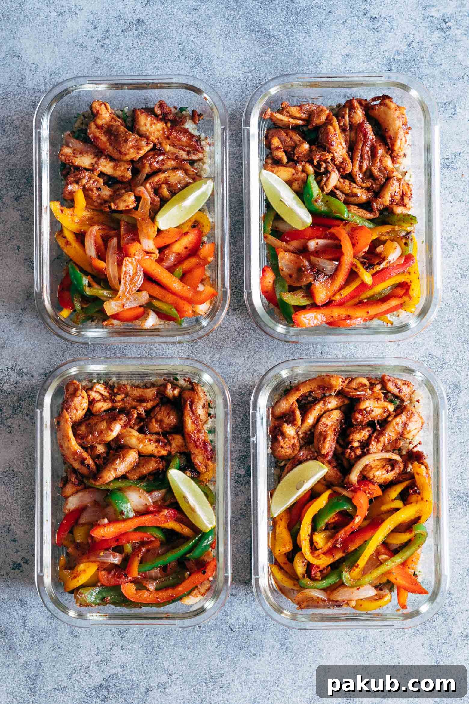 Flavorful Chicken Fajita Meal Prep Lunch Bowls served with a side of refreshing cilantro lime quinoa, perfect for a healthy and quick weekday lunch solution.