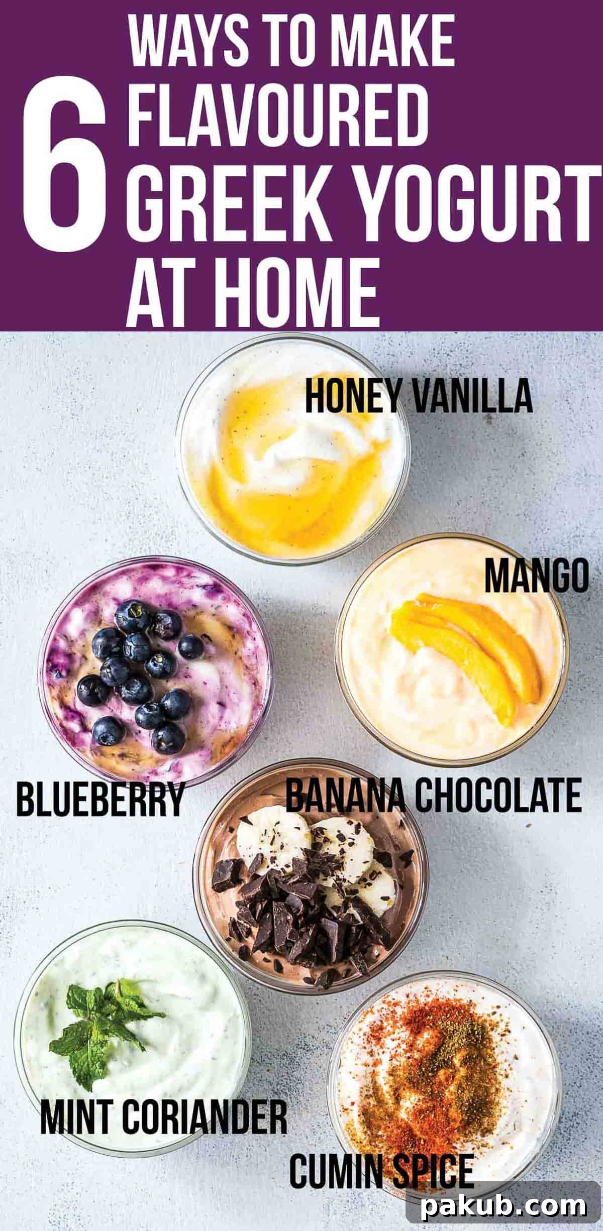 A vibrant collage showcasing six different homemade Greek yogurt flavors in individual bowls, garnished with fresh fruits, herbs, and spices.