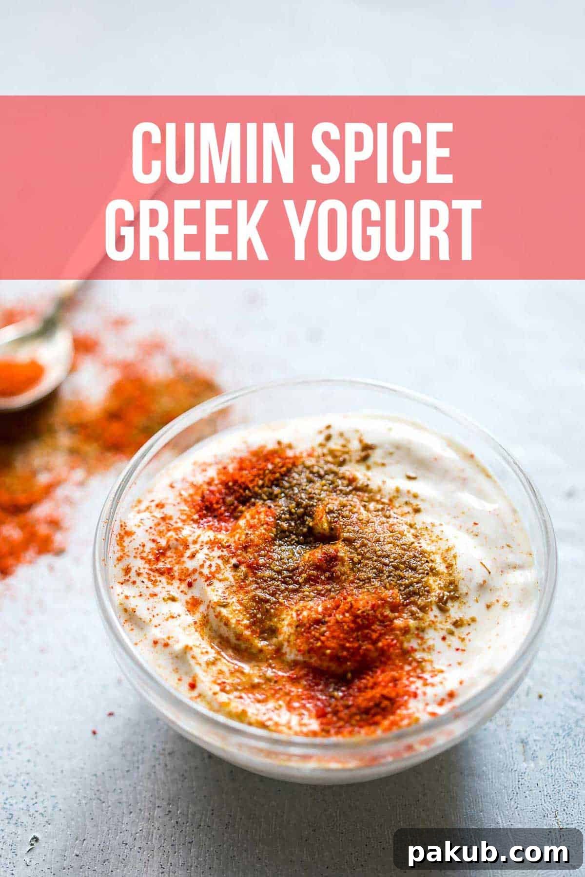 Earthy cumin spice Greek yogurt served in a bowl, lightly sprinkled with cumin powder and a touch of chili powder on top.