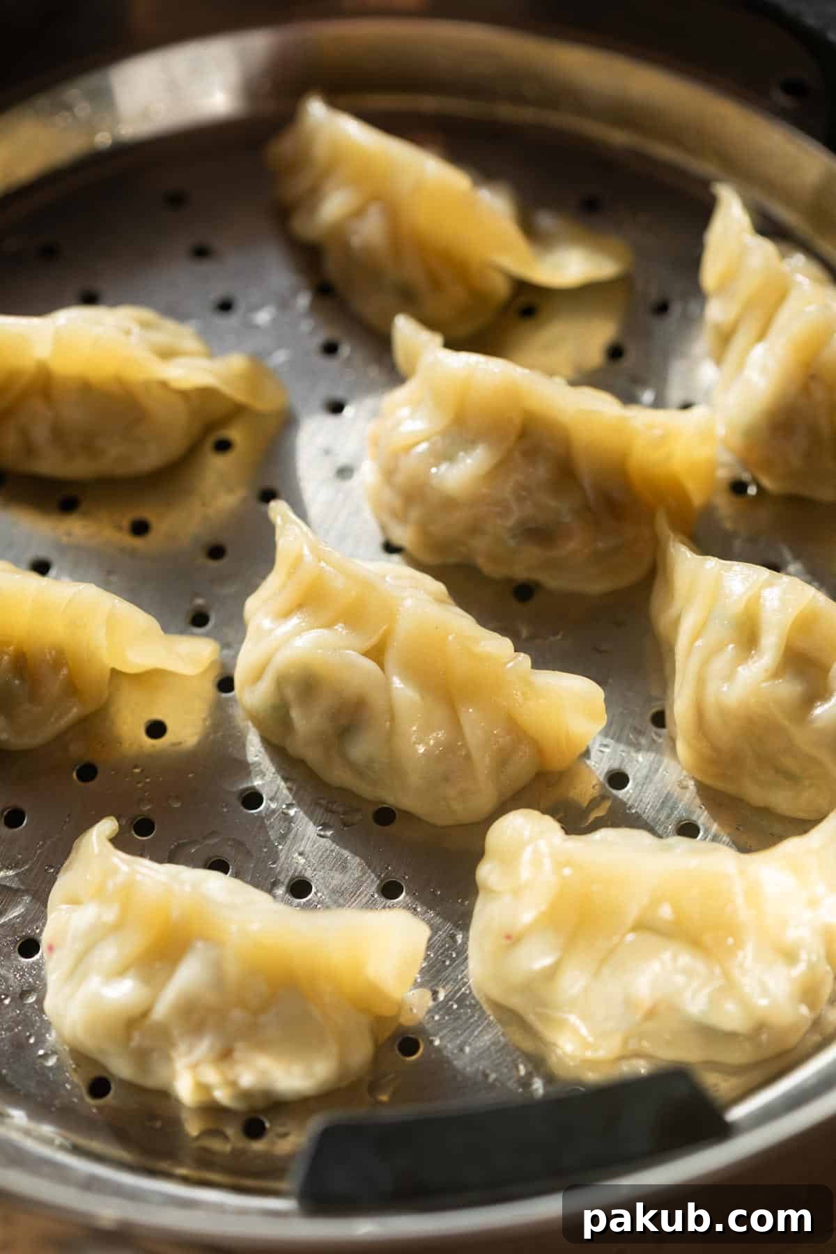 A close-up shot of freshly steamed chicken momos, though this recipe is for veg, highlighting the succulent texture and inviting presentation typical of steamed dumplings. Placed within a bamboo steamer basket.