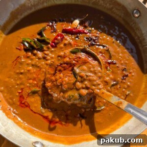 freshly made horsegram dal scooped up in a ladle to showcase its color and texture