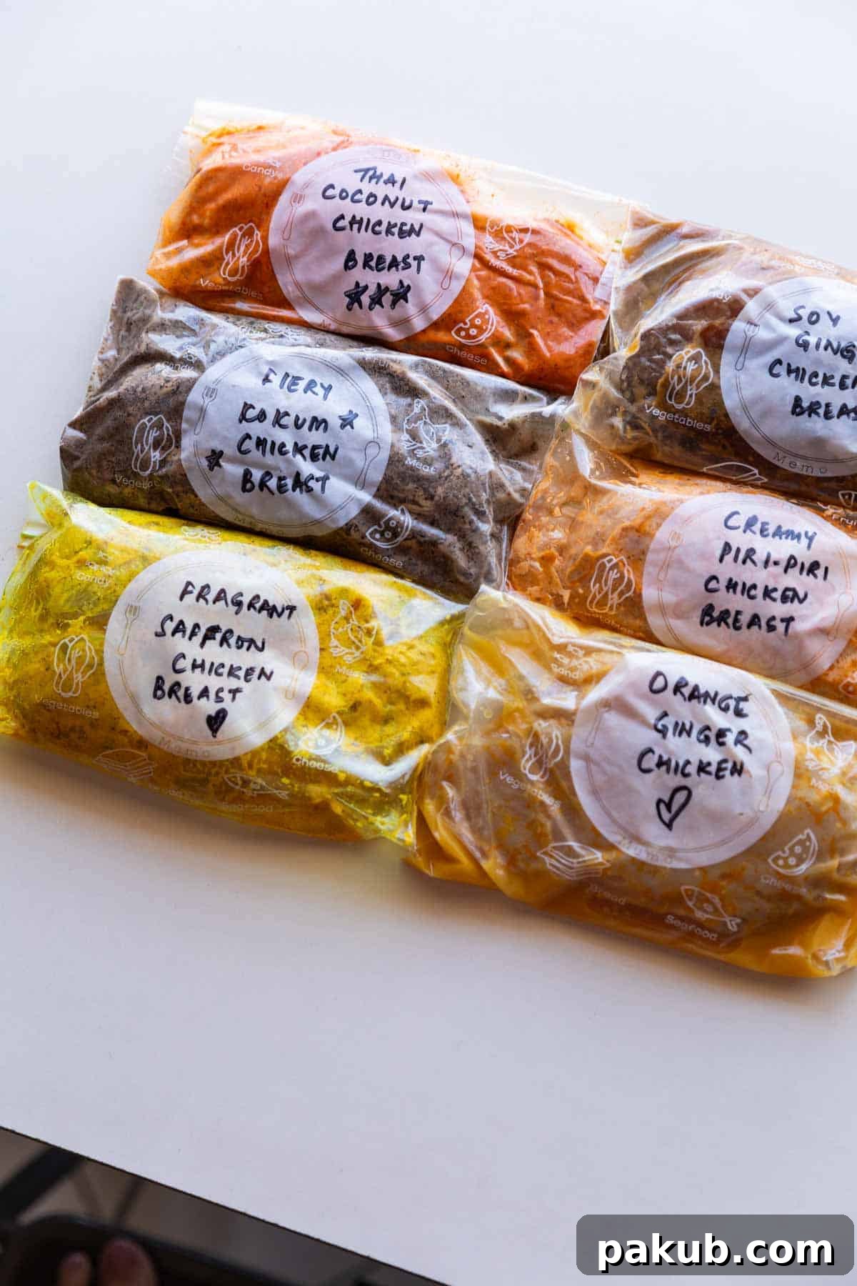 Six vibrant marinated chicken breasts neatly stored in labeled freezer bags, ready for cooking.