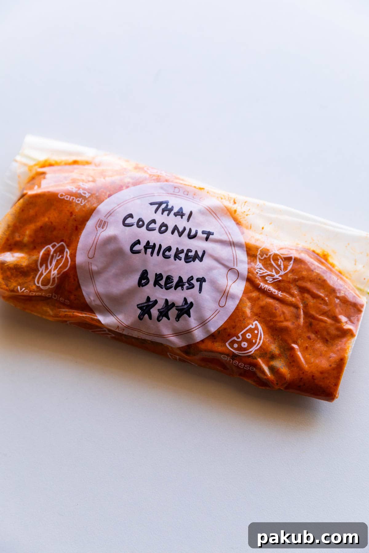 Chicken breast marinated in a vibrant Thai coconut marinade, sealed in a labeled zip-lock bag.