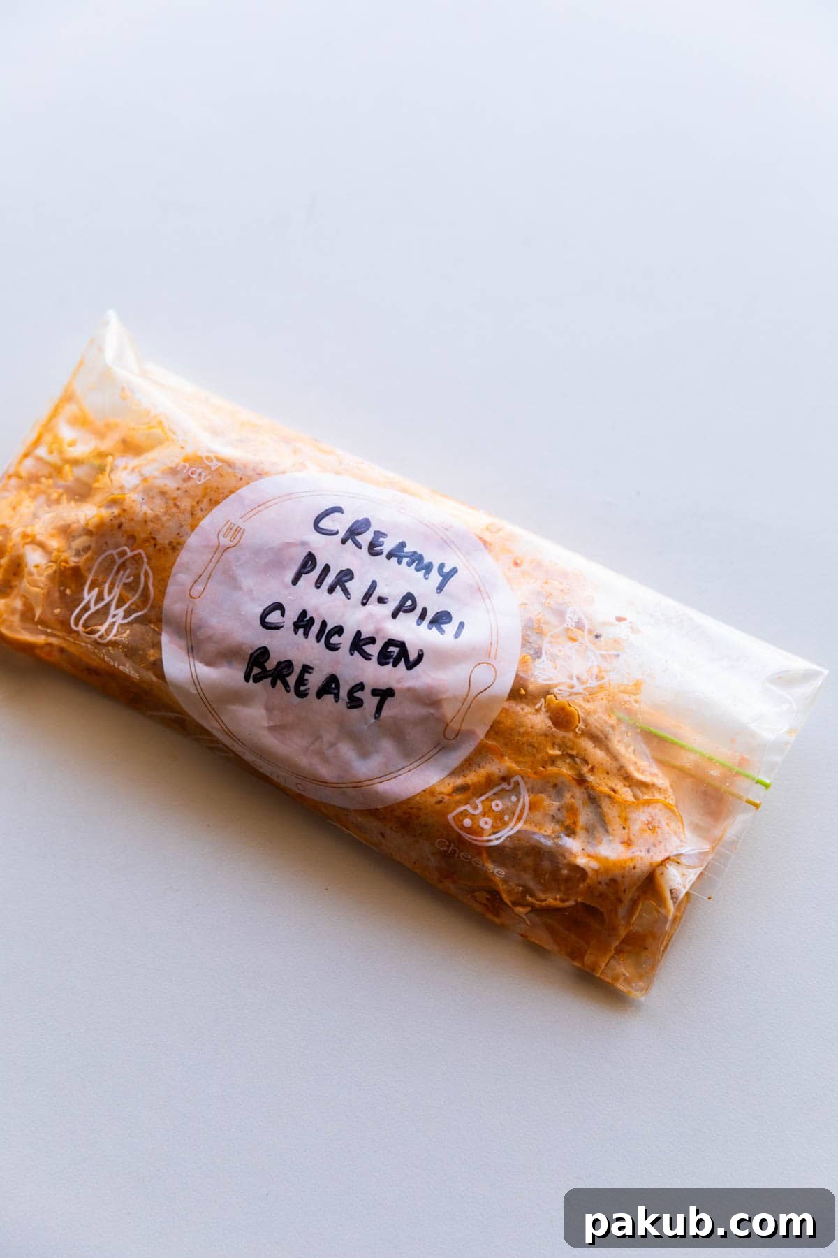 Chicken breast marinated in a spicy Piri Piri marinade, stored in a labeled zip-lock bag.