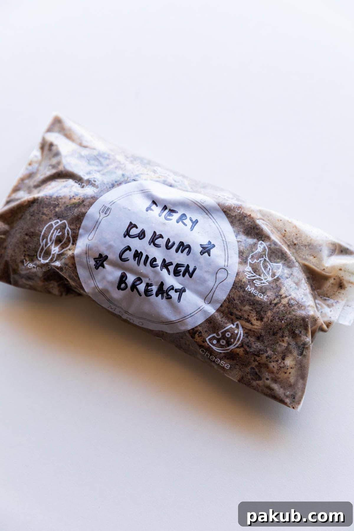 Chicken breast marinated in a tangy Kokum chicken marinade, stored in a labeled zip-lock bag.