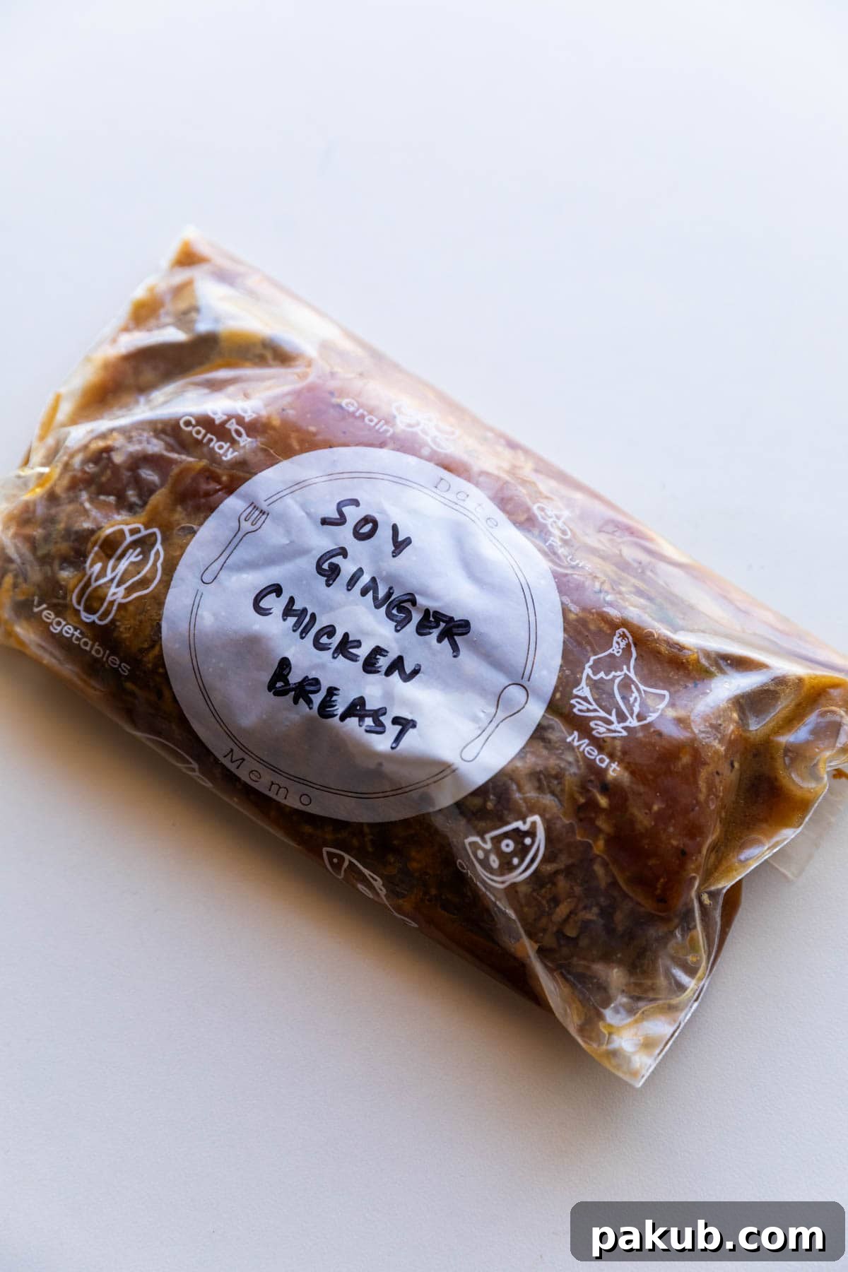 Chicken breast marinated in a savory Soy Ginger marinade, stored in a labeled zip-lock bag.