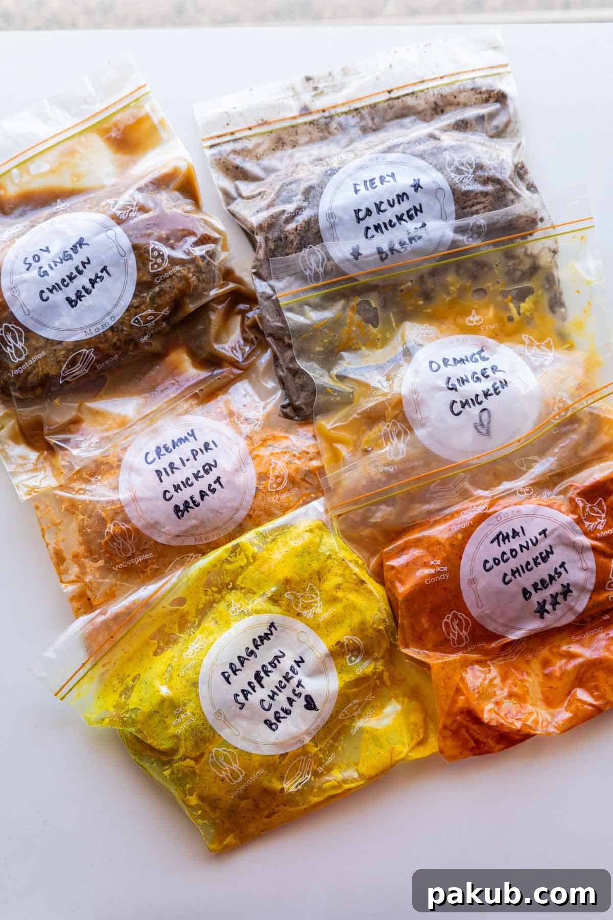A selection of six different marinated chicken breasts in clearly labeled zip-lock bags, showcasing delicious meal prep.