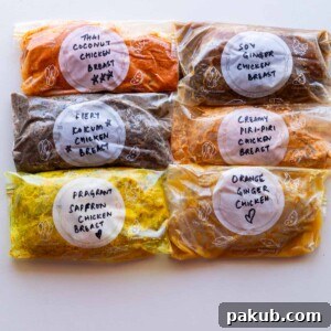 Six marinated chicken breasts stored in labelled zip lock bags, illustrating delicious meal prep.