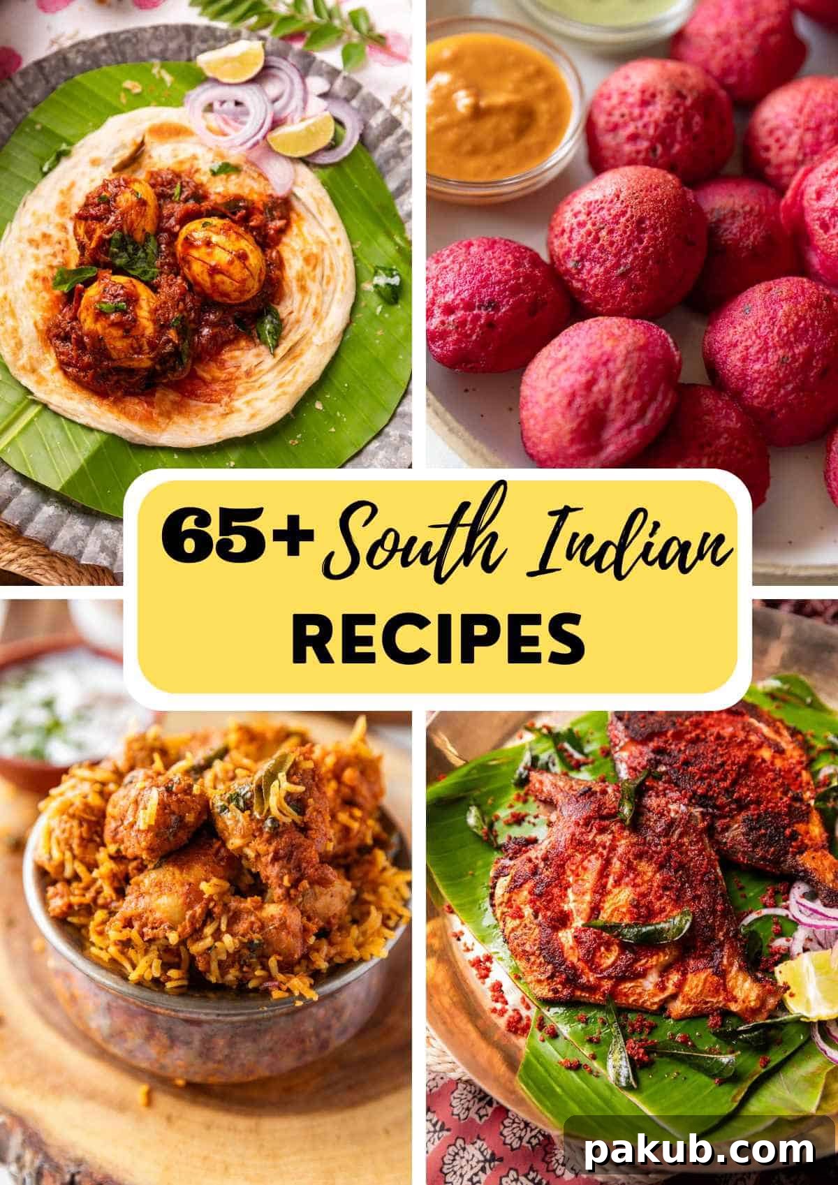 A collage image showcasing four tempting South Indian recipes with descriptive text overlay, including crispy dosas, fluffy idlis, flavorful curries, and savory snacks.