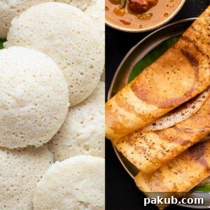 A two-picture collage featuring soft, fluffy idlis stacked neatly on a plate and incredibly crispy dosas served on a banana leaf-lined plate, showcasing the versatility of the batter.