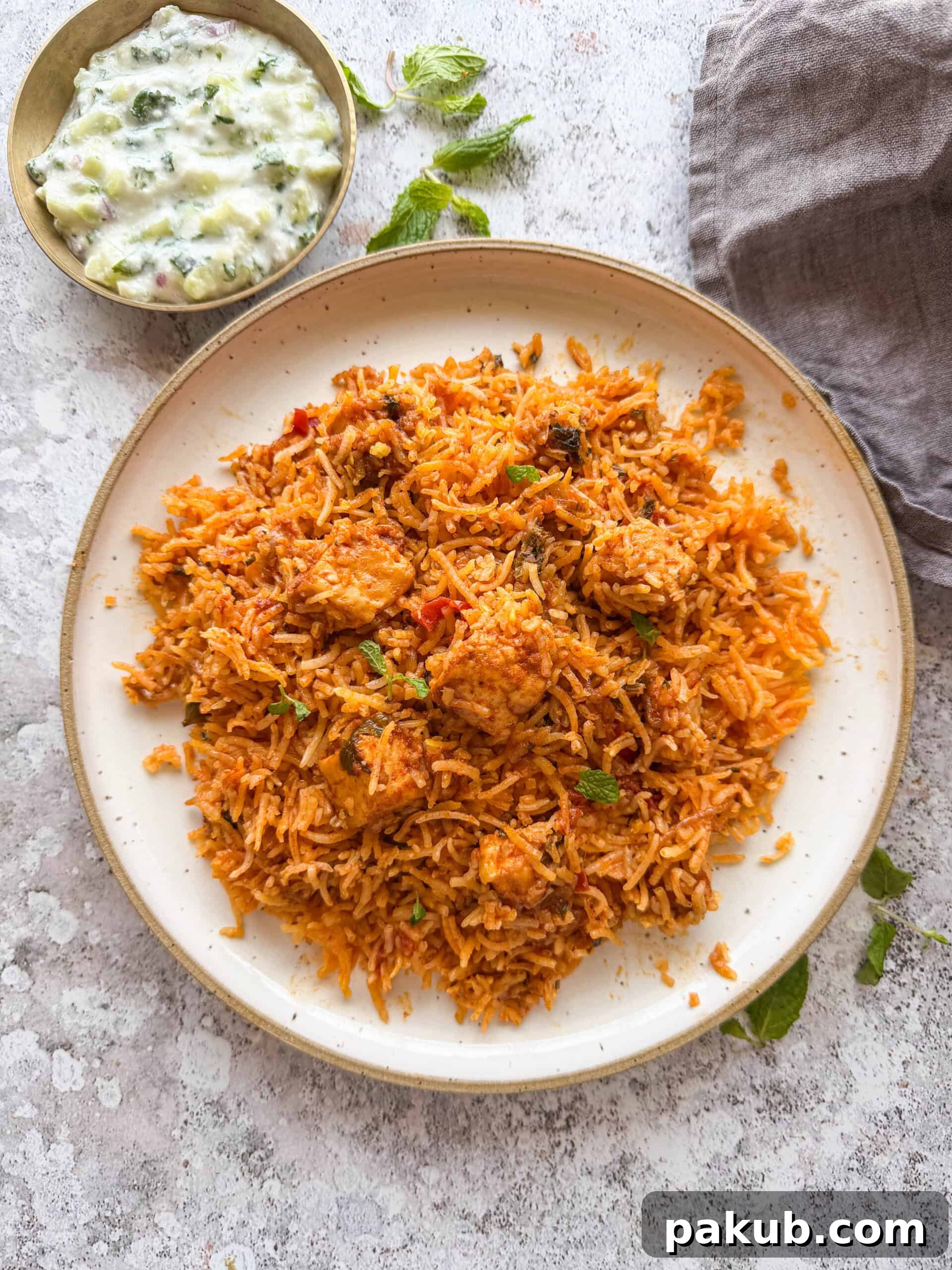 Ruby Paneer Biryani 2 A vibrant and aromatic pot of Lal Paneer Biryani, showcasing fluffy rice, tender paneer pieces, and fresh herbs, ready to be served.