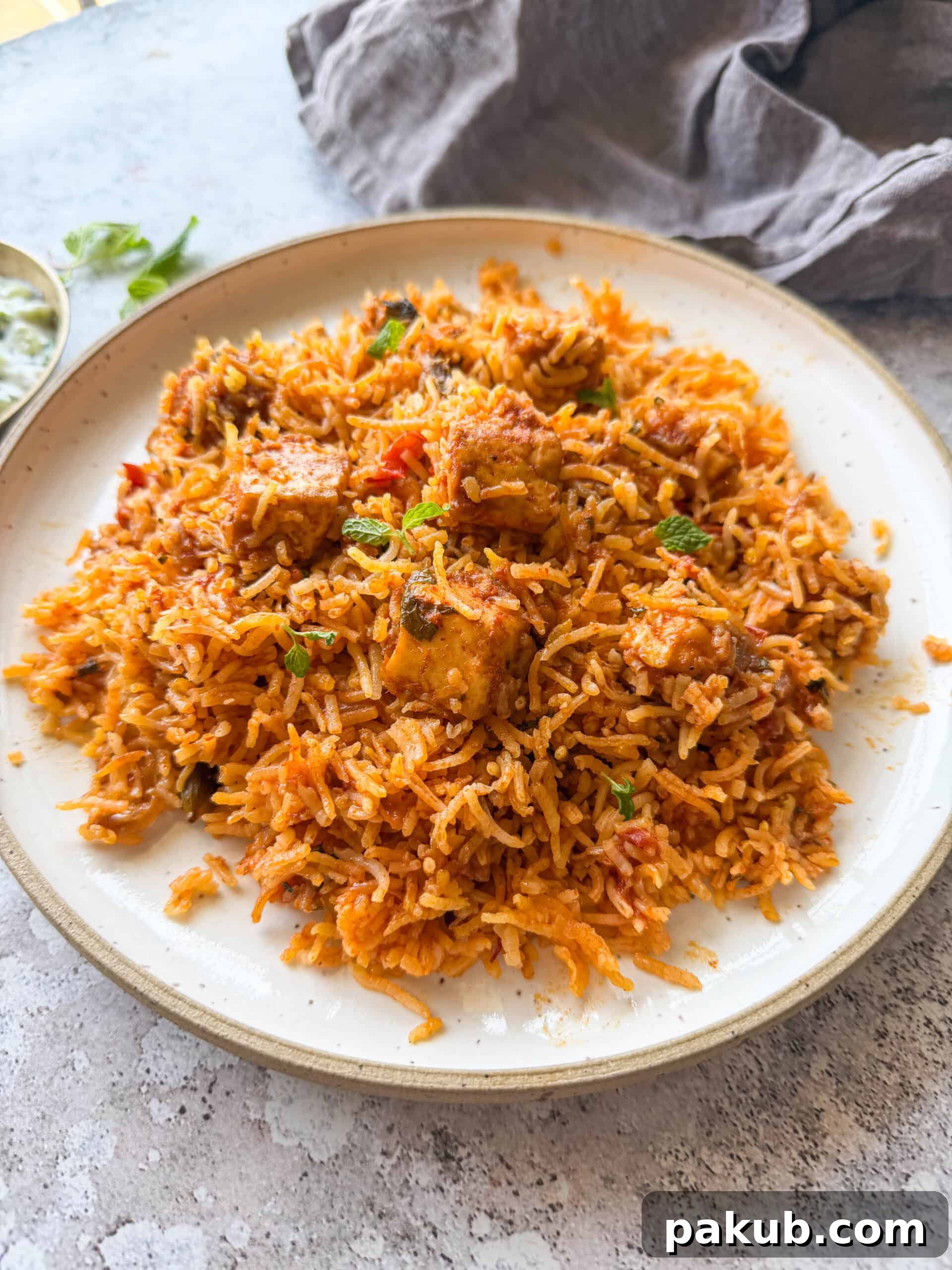 Ruby Paneer Biryani 3 Close-up of fluffy Basmati rice and tender paneer in Lal Paneer Biryani, garnished with fresh mint and coriander.