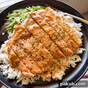 Perfectly cooked crispy chicken katsu rice bowl ready to be served