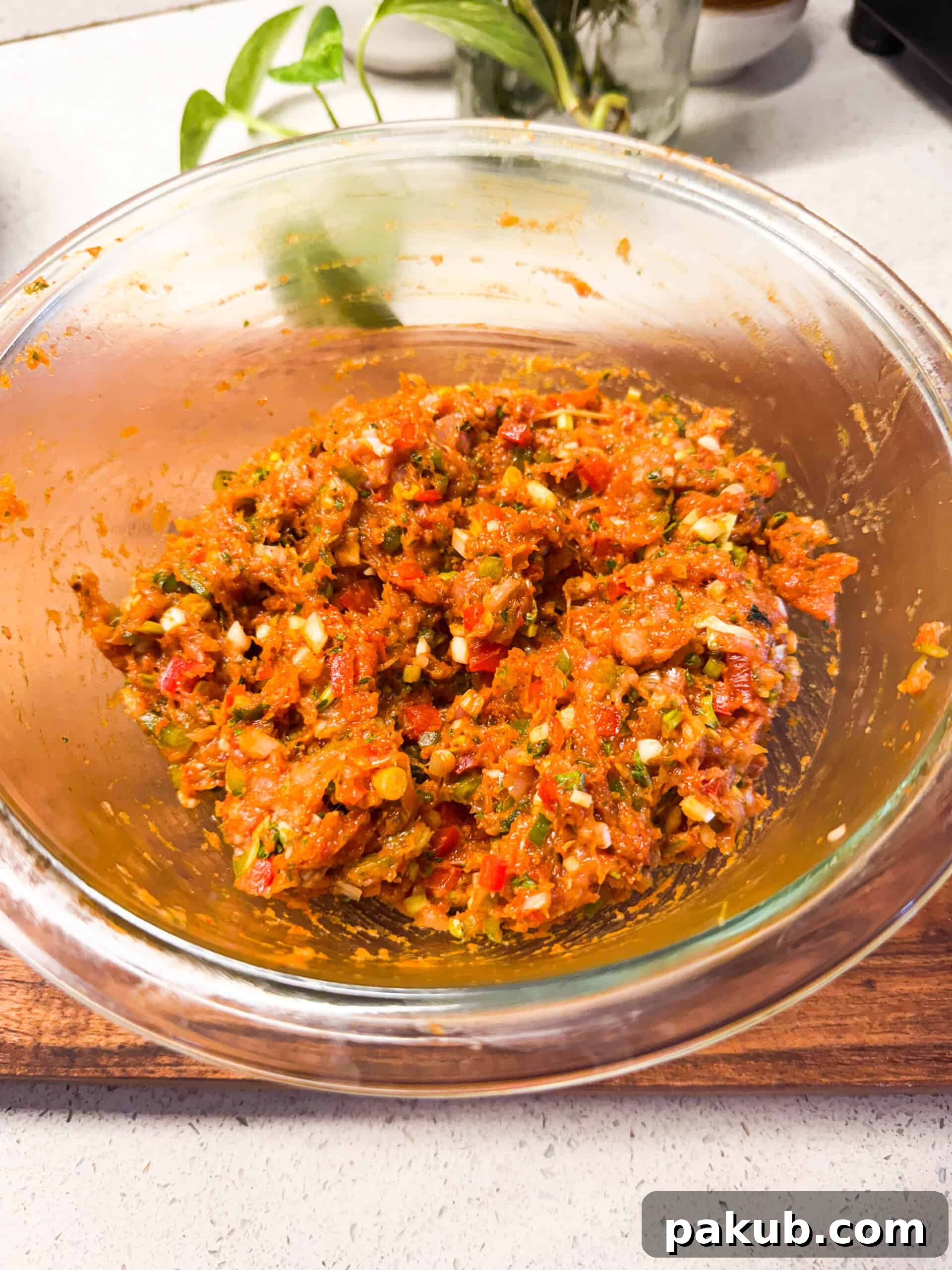 Masala Smashed Chicken Tacos 3 A close-up of the prepared Indian chicken smash taco filling, finely minced and seasoned, ready to be spread onto rotis.