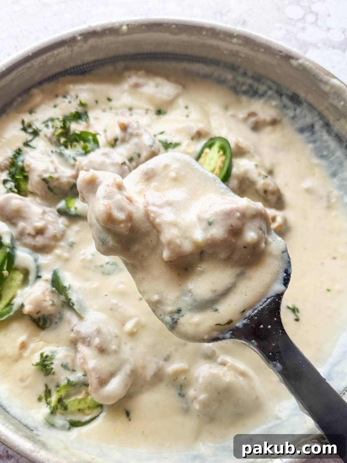 japan chicken scooped up in a ladle to showcase its color and texture