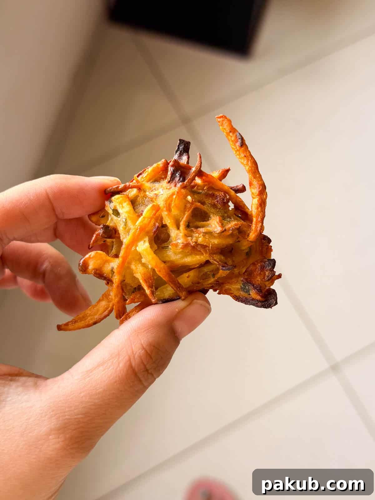 Golden Crispy Air Fryer Veg Pakora 4 A close-up image of a single air fryer veg pakora, showcasing its detailed crispy texture and golden-brown perfection, ready to be eaten.