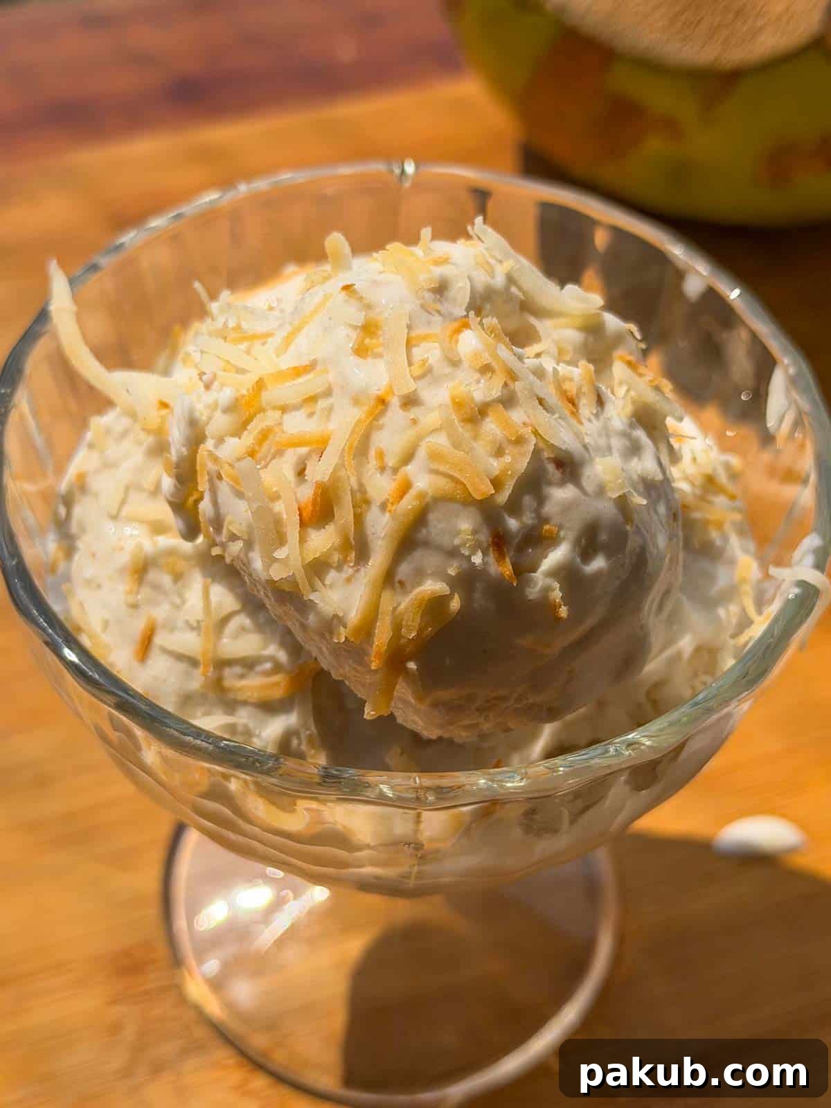 Easy 5-Ingredient No-Churn Young Coconut Ice Cream 3 A second close-up image of tender coconut ice cream in a serving bowl, highlighting its creamy texture and garnish.
