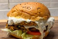 Crispy Vegetable Smash Burger Cooked in a Skillet