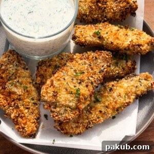 Air Fryer Chicken Tenders served in a grey plate with dill yogurt dip