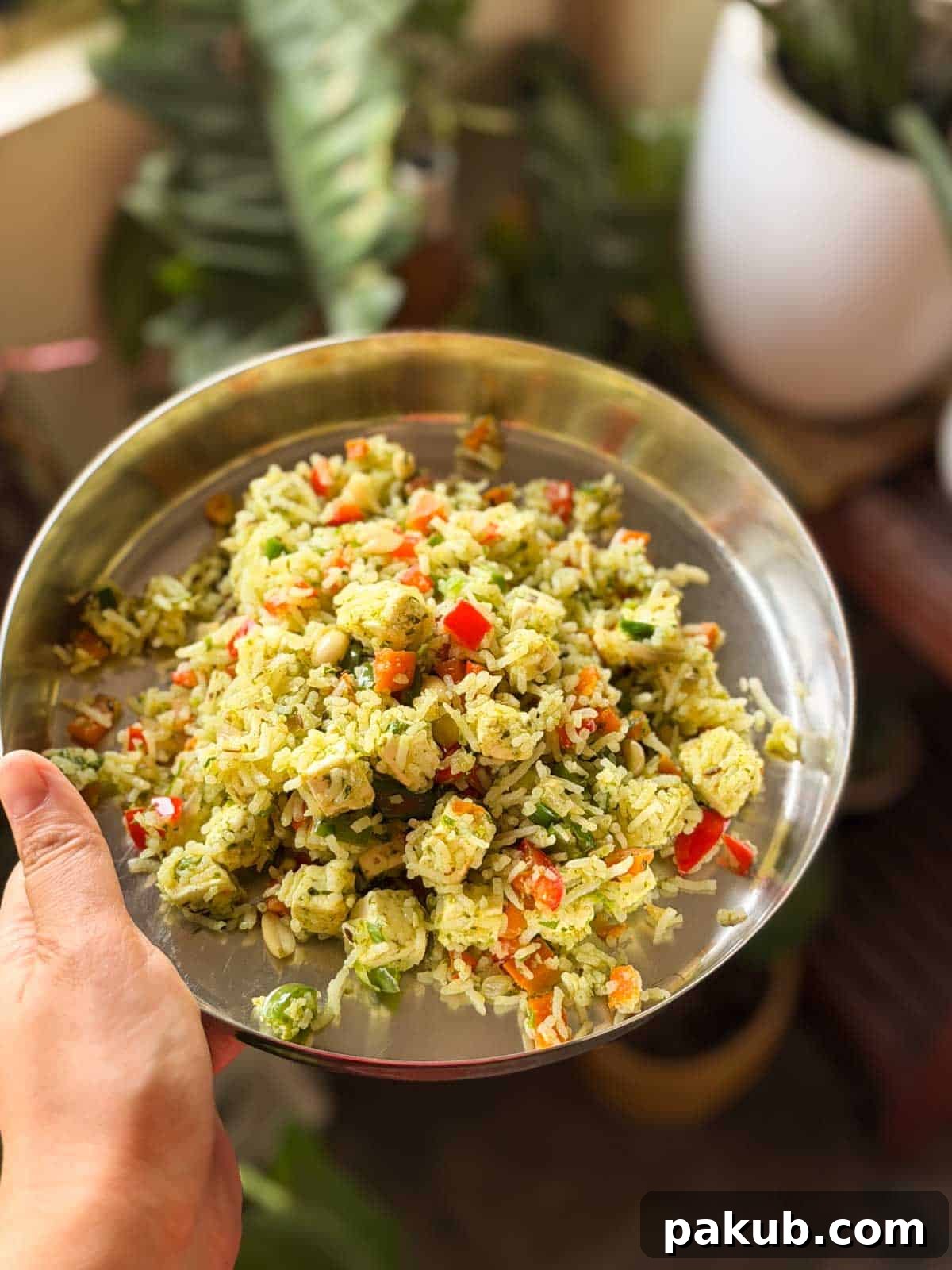 thecha paneer fried rice served in a steel plate