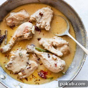 rezala chicken curry in a aluminium kadhai along with a spoon