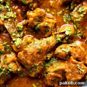 Close up of chicken curry to show texture of the gravy and succulent, juicy pieces of chicken