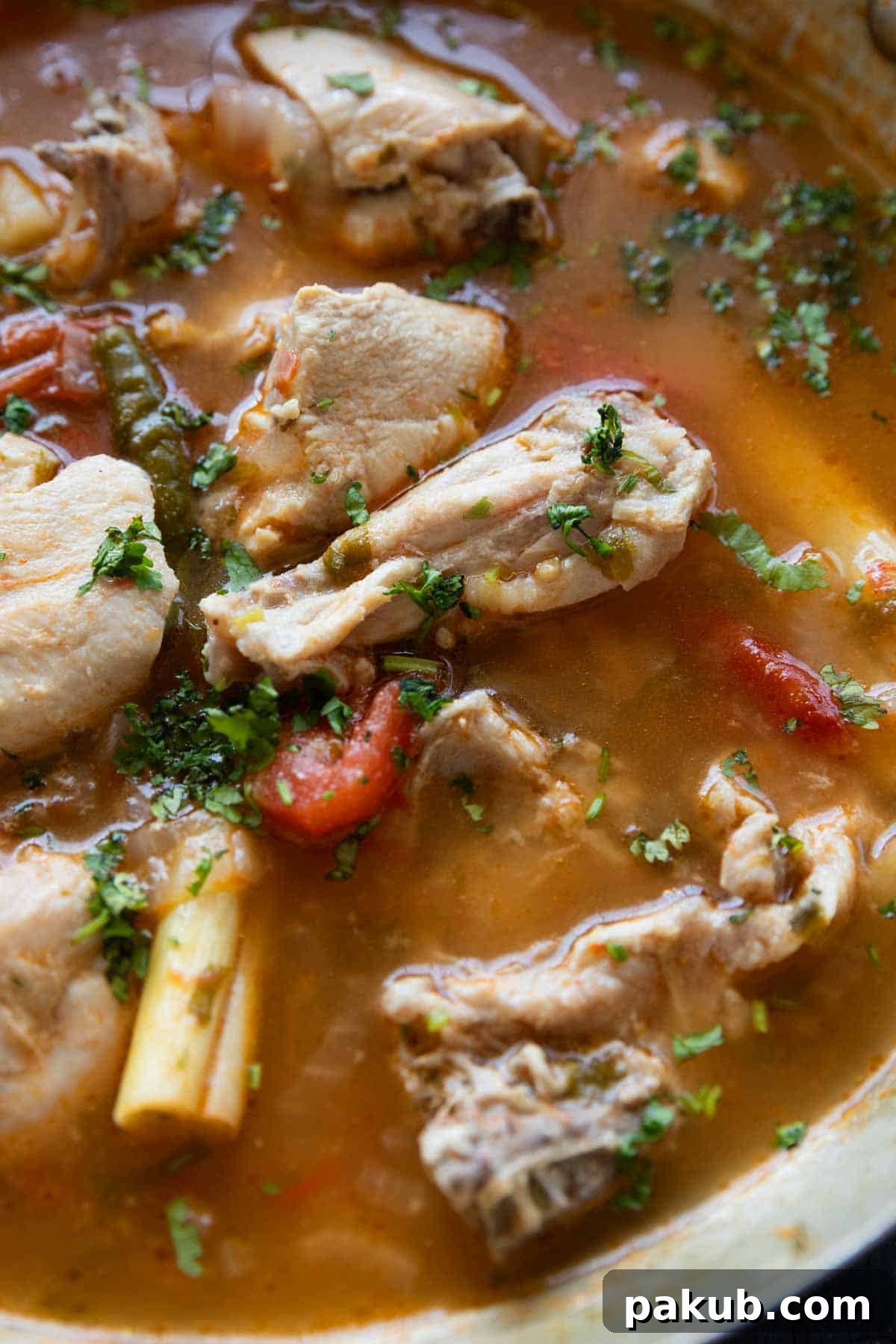 a close up image of zero oil chicken curry with potatoes to showcase its color and texture