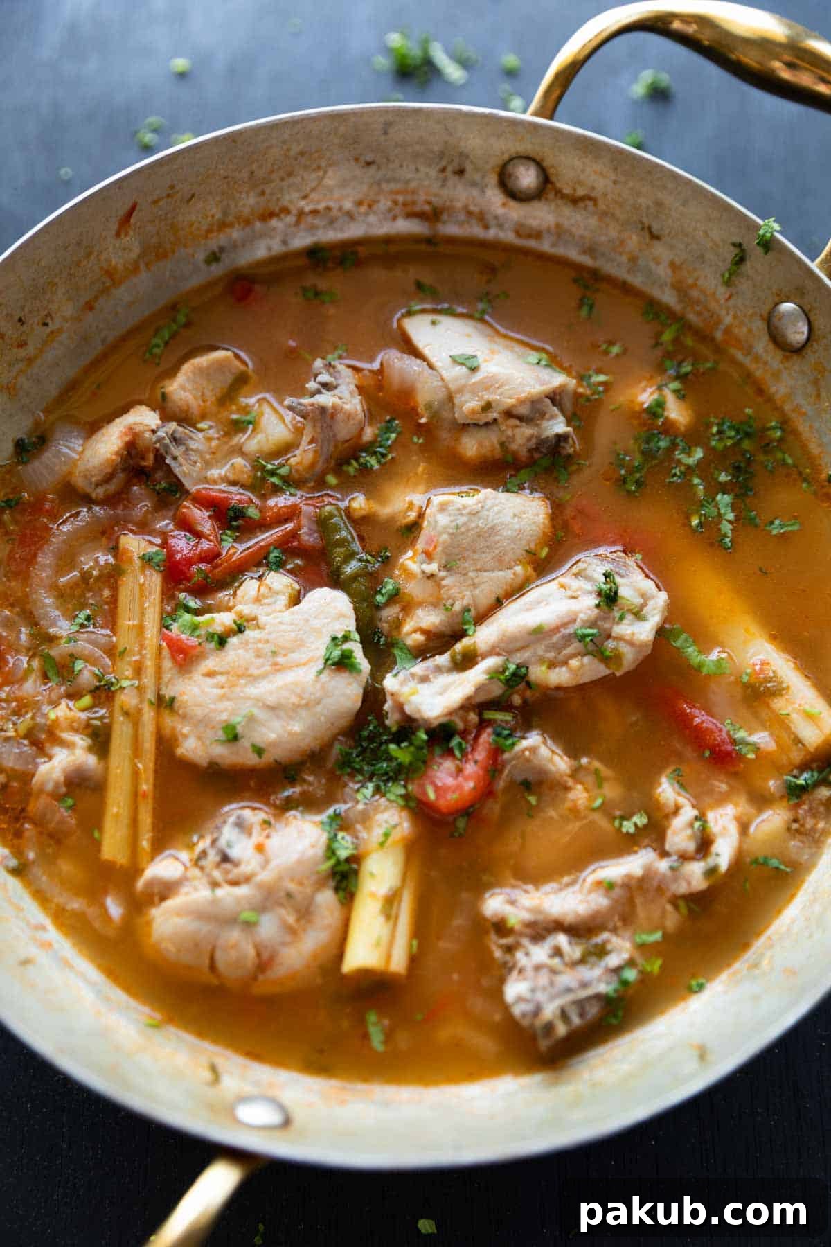 zero oil chicken curry with potatoes in a kadai ready to be served