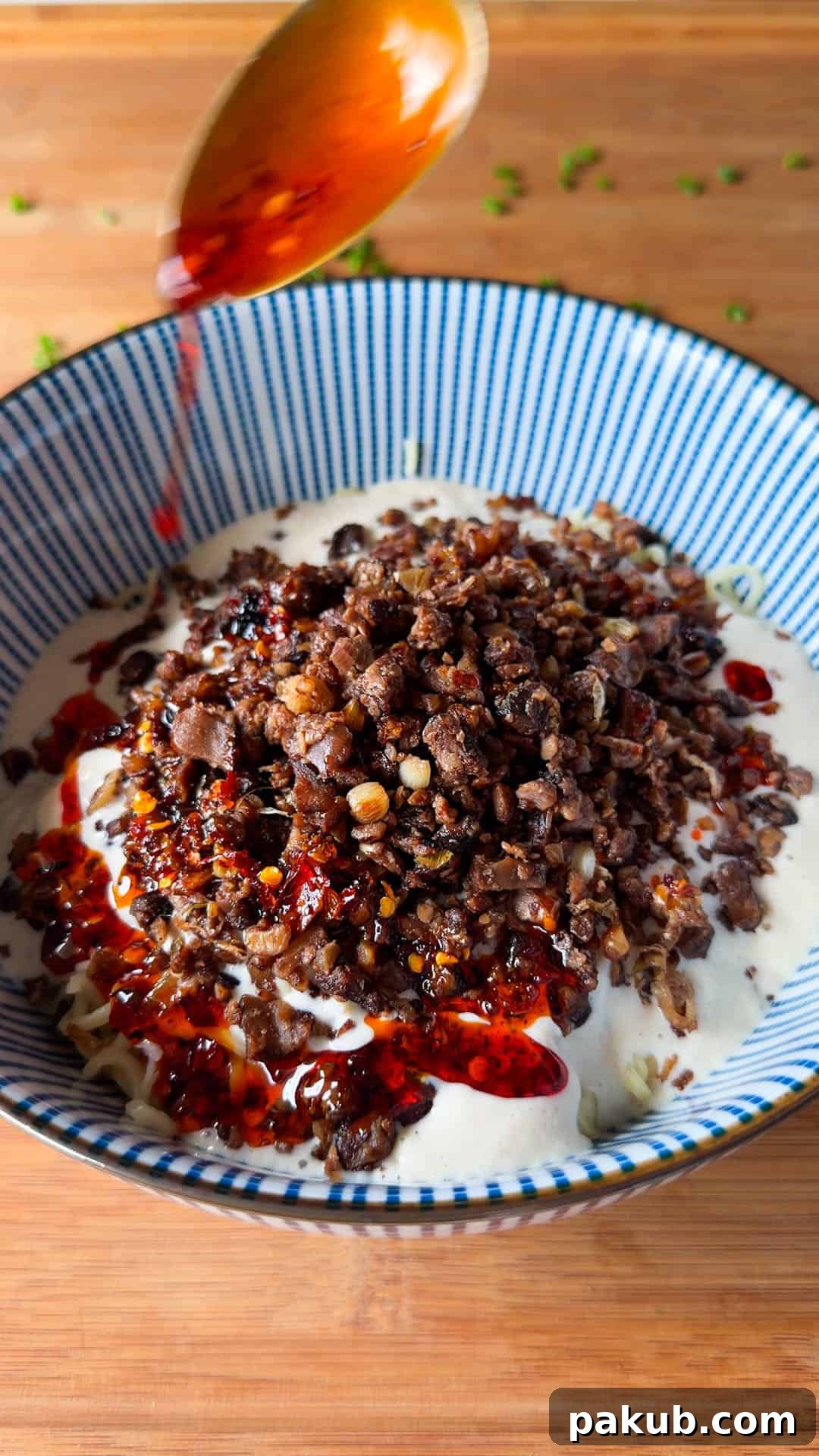 Close up of creamy chilli tofu noodles