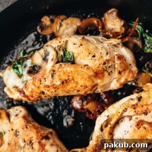 Spinach Mushroom stuffed Chicken Breast cooked in a cast iron pan.