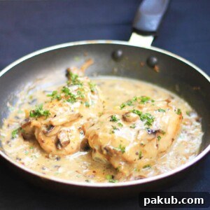 Chicken in Mushroom Sauce served in a black pan