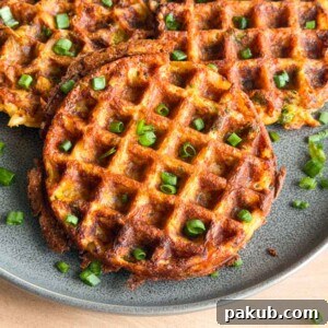 Crispy Hash Brown Waffles Recipe 4 a bunch of crispy potato waffles served on a plate