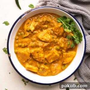 shot of matar paneer gravy in a white bowl with coriander sprinkled on top
