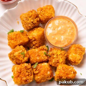 air fryer paneer popcorn served on a white plate with accompaniments