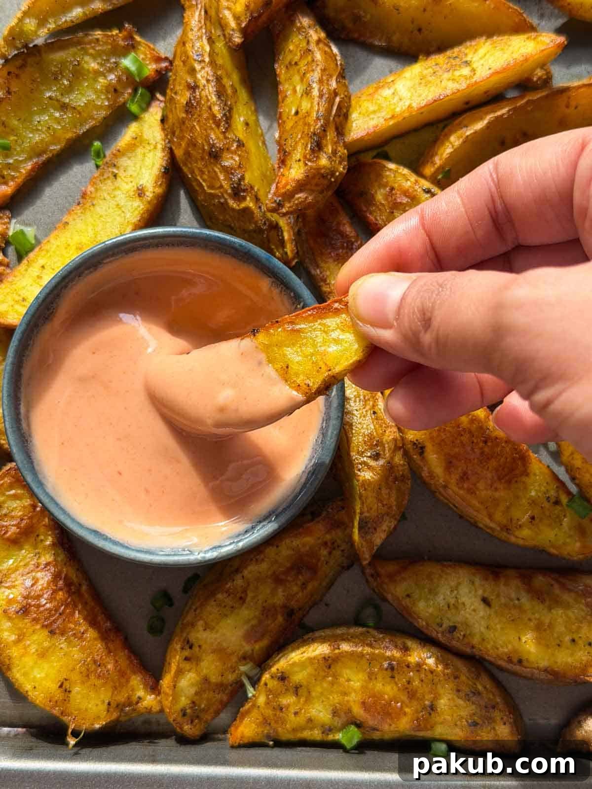 Crispy Masala Potato Wedges in the Air Fryer 2 air fryer potato wedges with an accompanying dip