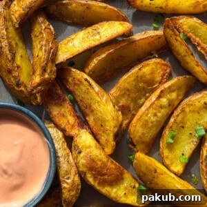 air fryer potato wedges with an accompanying dip