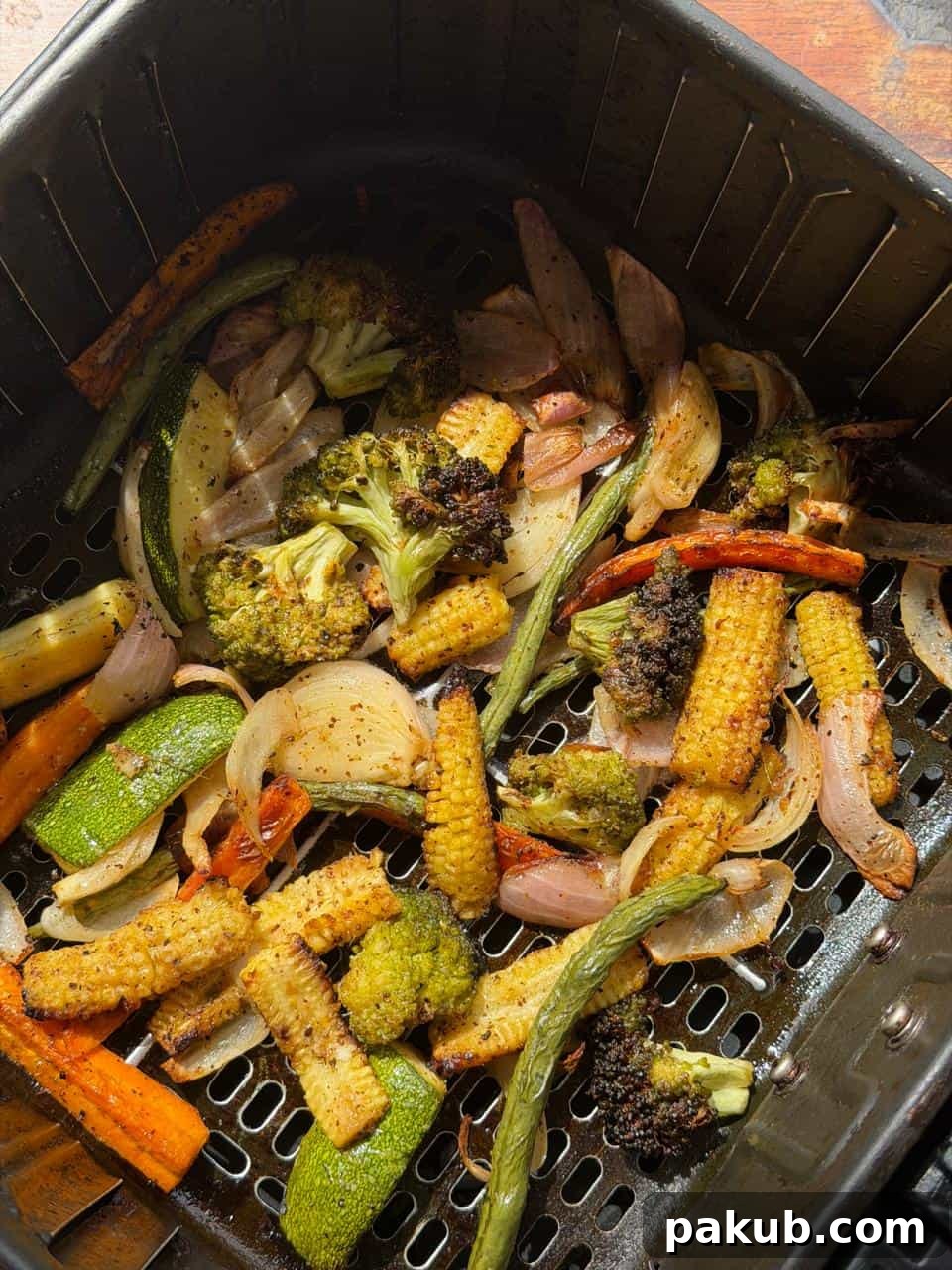 air fryer roasted veggies in the air fryer basket